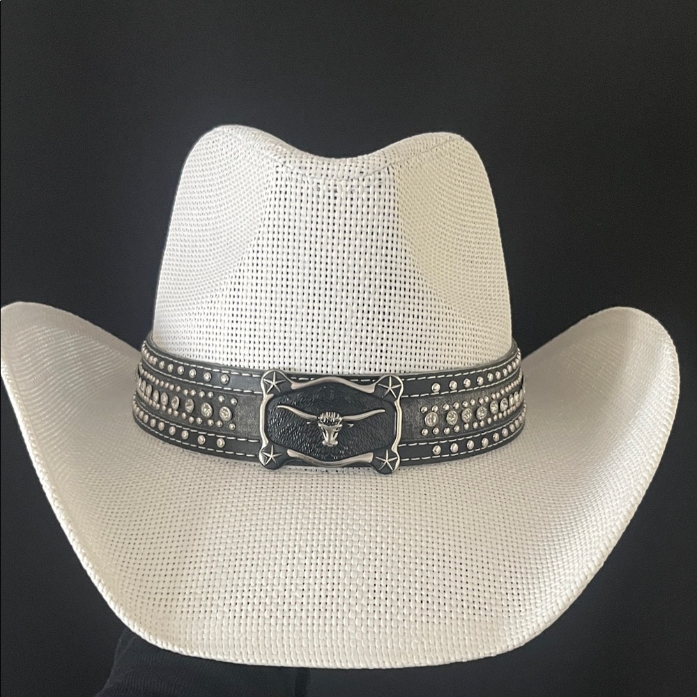 Milani White Straw Western Cowboy Hat with Studded Buckle Band